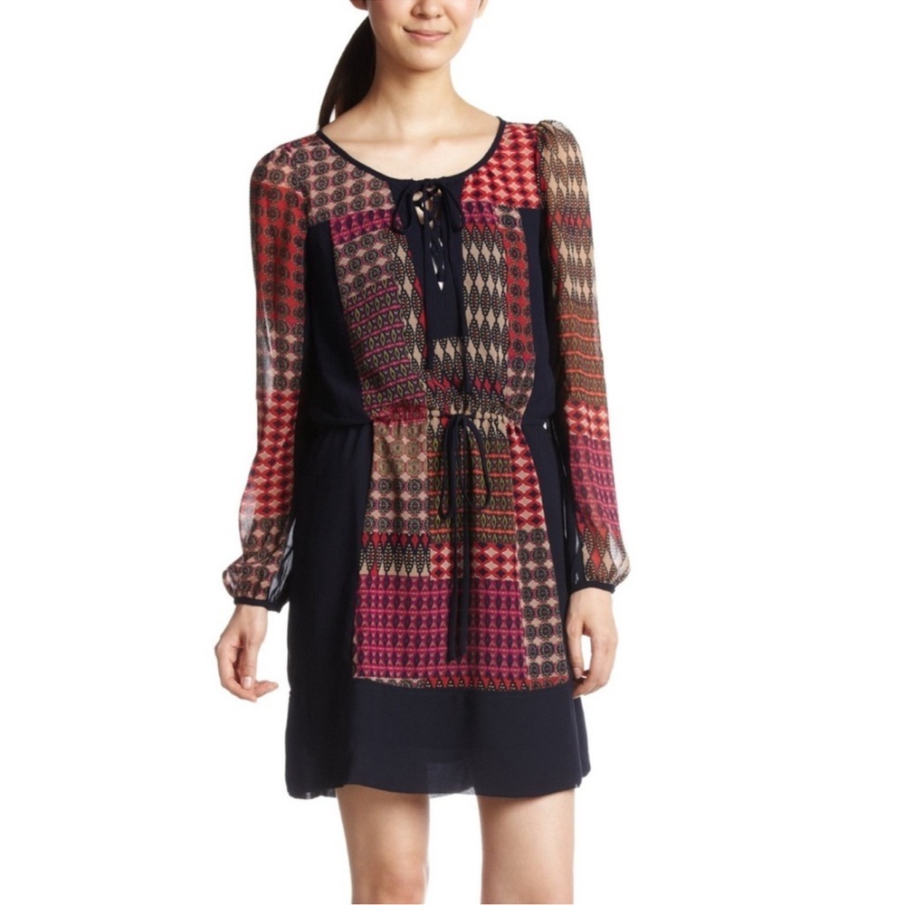 Maeve Anthropologie Rosalie Peasant Midi Dress Medium Tie Waist‎ Patchwork Boho